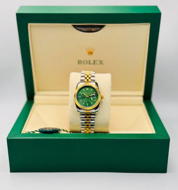 ساعة رولكس ديت نسائية فاخرة دائرية ستانلس ستيل بمينا أخضر زمردي