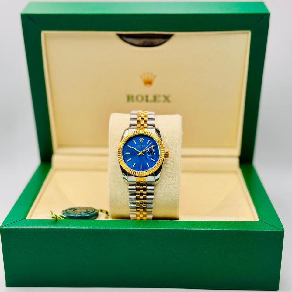 ساعة رولكس ديت نسائية فاخرة شفافة ثنائية اللون بمينا باللون الأزرق